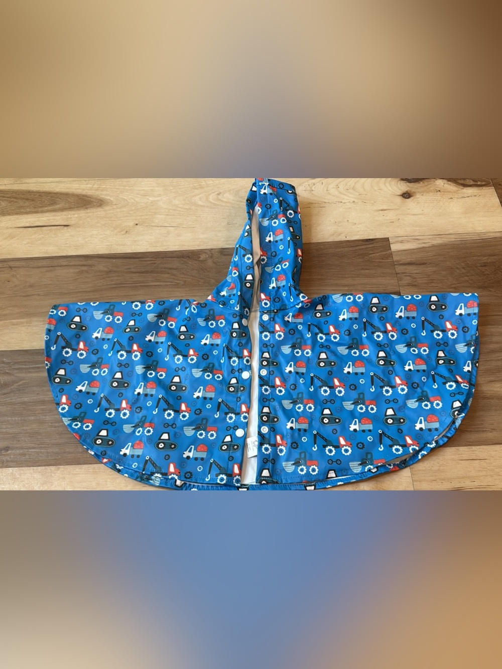 Kids Blue Construction Print Hooded Rain Poncho